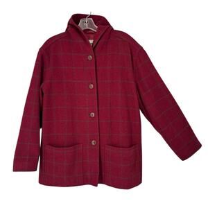 Vintage LL Bean Wool Blend Chore Coat Womens Windowpane Check Medium Hooded